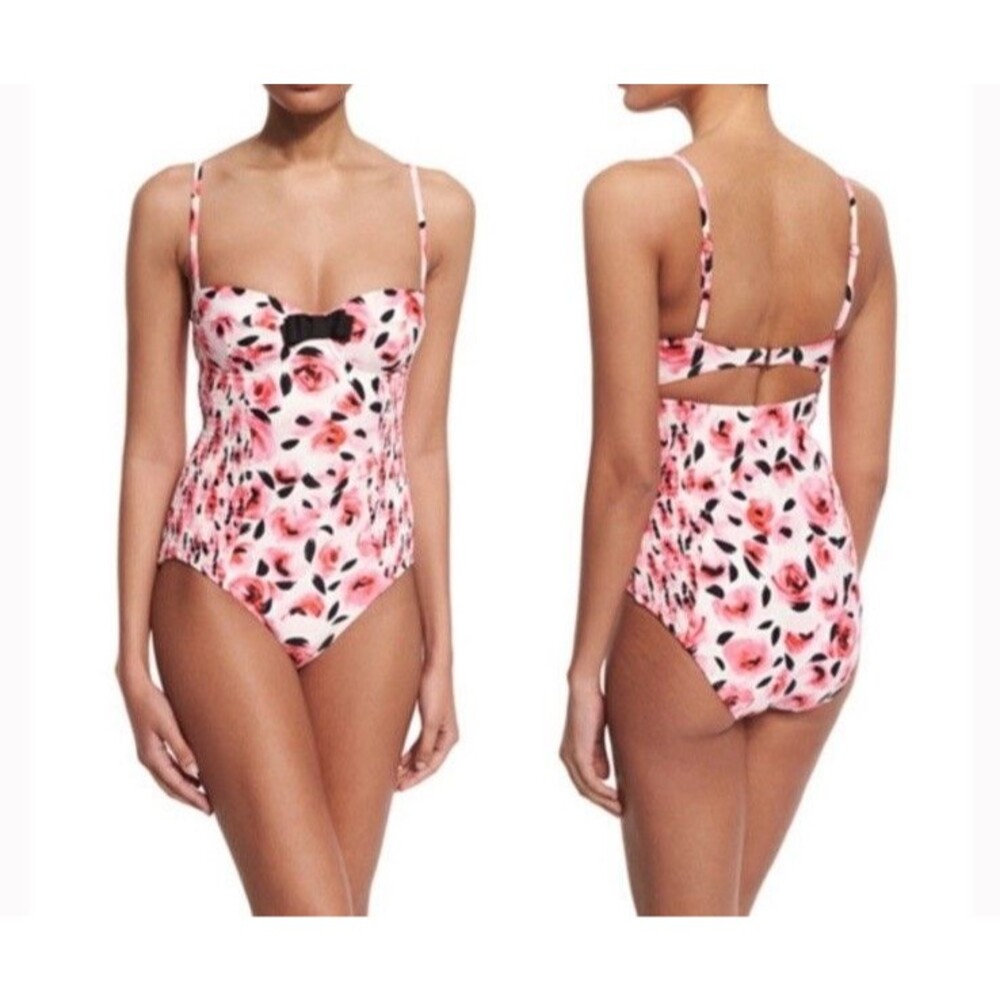 Kate Spade Pink Floral One Piece Swimsuit Bay of Roses Size XS Smocked Stretch - Picture 12 of 16